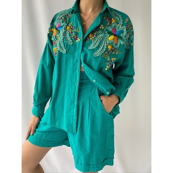 80s vintage embellished funky button up shirt shorts 2 piece matching coord set - Picture 3 of 11